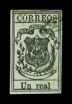 6, 1866 1r Black on pale green, remarkably intense impression on strong paper color, four ample to large margins, light c.d.s. of Santo Domingo, very fine an exceedingly rare
stamp that is almost never encountered in this impressive quality 20