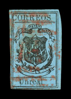 11b, 1867 1r Black on blue, no space between Un and real, ample to large margin around, strong impression, red British Postal Agency C86 cancel, shallow filled thin, very fine
appearance clear 2006 Rendon certificate.