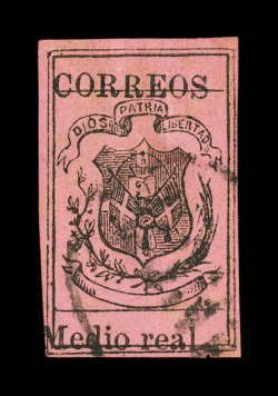 27, 1870 12r Black on magenta, full to large margins all around, especially bright paper color and a crisp detailed impression, light oval Franco cancel, two small thin spots,
very fine appearance an extraordinarily rare stamp that is one of