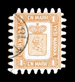 11, 1867 1M Yellow brown, roulette III, a highly select used single, with full roulettes all around, bright color, light unobtrusive c.d.s., very fine rarely seen with full
rouletting 2004 Nielsen certificate (Facit 10C3 SK7,500).