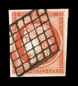 8, 1849 1Fr Vermilion, an exceptional copy of this rarity, possessing four large margins, deep vibrant color and a sharp detailed impression, diamond grid cancel, choice very
fine 1995 Calves and Roumet certificates (Yvert 7a Ç25,000).
