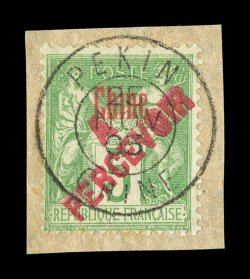 J20, 1903 5c Yellow green, with diagonal red A Percevoir handstamp, tied to piece by full Pekin Chine25 Nov 03 c.d.s., brilliant color, fine (Yvert TT13 Ç350).
