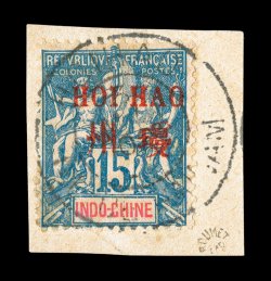 6, 1901 15c Blue, with Hoi Hao ovpt., tied to piece by full c.d.s., intensely rich colors, fine the key stamp of the set signed Roumet and accompanied by a 2000 J.F. Brun
certificate (Yvert 7 Ç850).