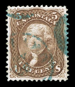 95, 5c Brown, F grill, the stamp offered here is the finest used Five Cent F Grill we have ever offered in our auctions, as it features remarkable physical traits that are the
exact opposite of what one normally expects on this incredibl