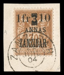 53, 1904 1Fr & 10a on 3a on 30c Brown on bister, tied to piece by neat c.d.s., rich color, very fine a rare stamp, with only 50 printed and only known used signed Roumet and
accompanied by a 2000 J.F. Brun certificate (Yvert 61 Ç2,200).