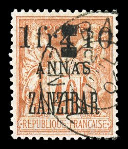 54, 1904 1Fr & 10a on 4a on 40c Red on straw, exceptionally well centered, bright color, light c.d.s. cancel, very fine a most impressive example of this rarity, with only 50
printed and no mint copies exist signed Calves and accompanied b