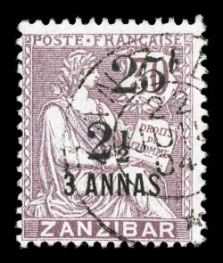 57, 1904 25c & 2 12a on 3a on 30c Lilac, uncommonly rich fresh color, light c.d.s. cancel, fine an exceedingly rare stamp that is only known used 1999 Calves certificate (Yvert
65 Ç2,500).