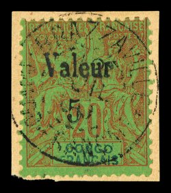 50, 1900 Valeur5 surcharge on 20c Red on green, tied to piece by complete Brazzaville c.d.s., usual centering, fine due to inadequate stocks of 5c stamps at Brazzaville, 300
20c stamps were surcharged and cancelled at the post office counter