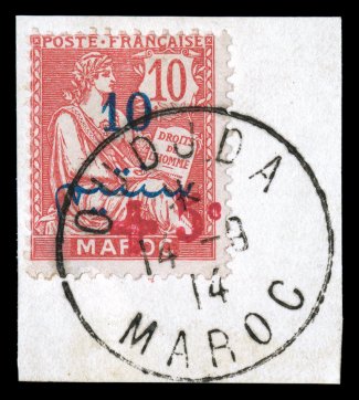 B3, 1914 +5c Surcharge on 10c on 10c Rose, tied to piece by complete Oudjda c.d.s., strong bright color, a fresh and fine example of this scarce and undervalued stamp 2000 J.F.
Brun certificate (Yvert 56 Ç1,350).