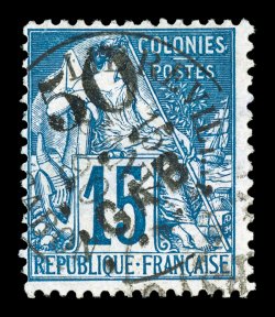 4, 1886 50 Surcharge on 15c Blue, deep color and an especially intense impression, light c.d.s. cancel, fine a rare and seldom offered stamp 1991 APS certificate (Yvert 4
Ç2,200).