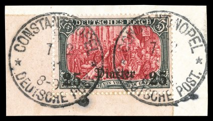 42, 1905 25pi on 5M Slate and carmine, striking bottom left sheet-margin single tied to piece by two complete strikes of Constantinople c.d.s. postmarks, lovely rich colors,
extremely fine 2005 Hollmann certificate (Michel 35a Ç700).