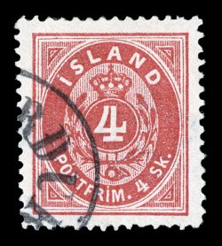 2, 1873 4s Dark carmine, marvelously well centered and margined, brilliantly rich color, portion of a crisply struck Isafjordur cancel, very fine 2001 Nielsen certificate
(Facit 2 SK9,000).