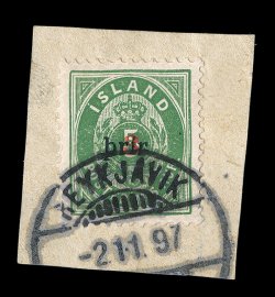31, 1897 3a on 5a Green, large type, perforated 13, tied to piece by Reykjavik c.d.s., well centered, fresh and very fine 1998 Nielsen certificate (Facit 35
SK5,500).