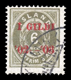 61, 1902-03 6a Gray, red overprint, perforated 14 x 13 12, an incredibly rare used example, with neat c.d.s. cancel, strong rich color, fine this stamp is not priced used in
Scott and Facit signed Jaeger and accompanied by a 1994 Pollak certi