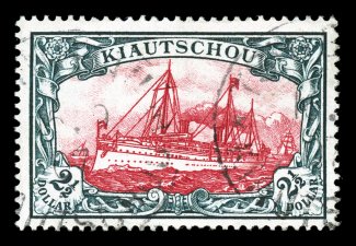 32, 1905 $2 12 Slate and carmine, 26x17 holes, a very rare used single, wonderfully bright and fresh, well centered, uncommonly light but clearly readable Tsingtau Kiautschou
c.d.s. dated 16.9.07, very fine this is the rarest of all the Ge