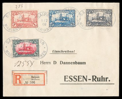 26-29, 1901 1M-5M Kaiser Yachts, each tied by Saipan Marianen 12 08 c.d.s. postmarks on a registered cover to Essen, Germany (backstamped), quite fresh, very fine 2006 Steuer
certificate cataloged as used stamps (Michel 16-19 Ç955+).