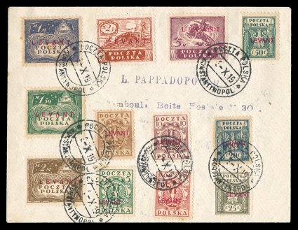 2K1-12, 1919 3f-5M Levant overprints cplt., tied to a philatelic cover by Poczta Polska3.X.19Konstantinopol c.d.s. postmarks, quite fresh except for a couple tiny toned specks
of no consequence, very fine a difficult set to find genuine,