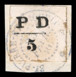 12, 1886 5c Black, tied to piece by full blue c.d.s., full margins, slight edge gum soaking as often on this issue, very fine appearance clear 1992 Calves certificate (Yvert 16
Ç1,700).
