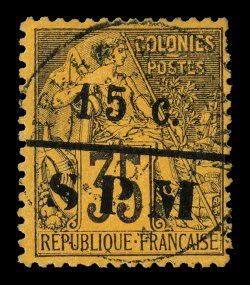 17, 1891 15c.SPM Small surcharge on 35c Black on orange, deep colors and impressions, light c.d.s. cancel, fine a rare stamp that is one of the keys to completing a St. Pierre
collection 2000 J.F. Brun certificate (Yvert 15 Ç1,500).