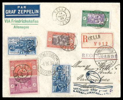 Sieger 229Aa, 1933 Sixth South America Flight, attractively franked registered cover with ten adhesives on front and back, all tied by KelleSenegal14 Aout 33 c.d.s., black
flight cachet, routed through Friedrichshafen via Dakar and Paris wit