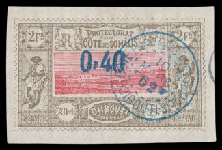 26, 1902 0.40 Surcharge on 2Fr Gray brown and rose, very large margins all around, attractive colors, light blue c.t.o. cancel, extremely fine 2006 RPS certificate (Yvert 25
Ç500).