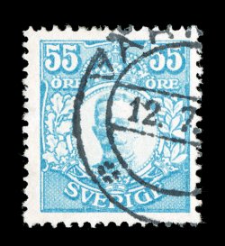 90, 1918 55o Pale blue, an incredibly rare postally used example, with contemporaneous Varnamo c.d.s. cancel dated 12.7.(1918), marvelously bright and fresh, well centered,
very fine only 1,000 this 55o and the 80o values were delivered to the