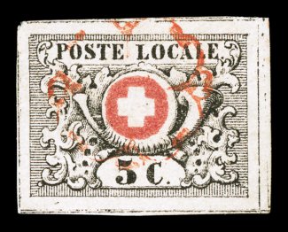 2L6, 1850 5c Black and red Geneva cantonal, a most impressive used copy of this scarce cantonal, large margins around showing the complete frame lines on all four sides,
wonderfully fresh colors, light red rosette cancel, extremely fine 1981 Re