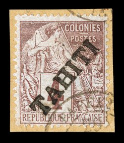 7, 1893 4c Claret on lavender, with diagonal Tahiti ovpt., tied to piece by light unobtrusive c.d.s. postmarks, strong rich color, very fine 2000 J.F. Brun certificate (Yvert 9
Ç1,200).