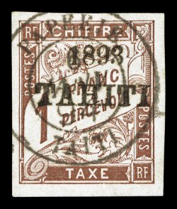 J25, 1893 1Fr Brown postage due, with 1893Tahiti ovpt., large margins all around, exceptionally rich color, neatly struck c.d.s. cancel, extremely fine and quite desirable
signed A. Brun (Yvert TT25 Ç620).