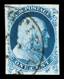 6, 1c Blue, Ty. Ia, position 99L4, large and exceptionally well balanced margins all around, beautiful rich color and a highly detailed impression on crisp white paper, light
town c.d.s. cancel, an extremely fine gem.The stamp offered here is