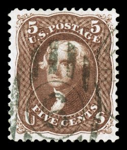 105, 5c Brown re-issue, well centered within large margins, rich re-issue color and a crisp impression, light duplex cancel, very fine an extraordinarily rare stamp, as only a
tiny fraction of the 672 were ever used, and of those, only a handfu
