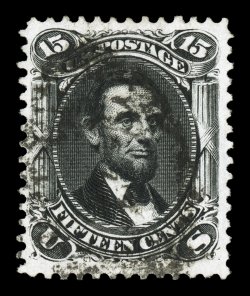 108, 15c Black re-issue, an enormously rare and desirable sound used example of this popular re-issue, well centered within large margins, intense jet black color and a deeply
etched impression, relatively light cancel when compared to most ot