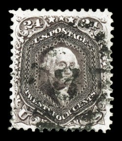 109, 24c Deep violet re-issue, remarkably well centered within very large margins, deep color and a sharp detailed impression, oval grid cancel, tiny repair at right that is
barely perceptible, extremely fine appearance an immensely rare used s