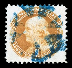 112, 1c Buff, an eye-catching used single that possesses remarkably large margins all around and is exceptionally well centered within them, bright fresh color, wonderfully
cancelled by a blue circle of wedges postmark, extremely fine, 1988