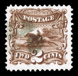 113, 2c Brown, well centered within huge margins, the size of which are almost never seen on this value, rich luxuriant color and a clean impression, light quartered cork
cancel, choice very fine 1988 PF certificate.