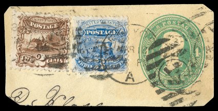 125, 3c Blue, tied to piece of 4c envelope (U255), along with 2c Brown re-issue (124), by New York AMar 181884 duplex, 3c stamp with natural straight-edge at left, both stamps
are exceptionally fresh, stamps lifted and hinged in place,