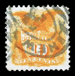 127, 10c Yellow re-issue, an especially desirable example of this scarce re-issue, which is much more rare used than mint, despite the identical catalog values, marvelously well
centered amid extravagantly large margins, particularly intense col
