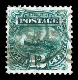 128, 12c Green re-issue well centered within large margins, deep color and impression, oval registry cancel, minute pinhole at bottom right, otherwise very fine an
extraordinarily rare stamp used,  only about 20 used 128s have been recorded