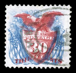 131, 30c Blue and carmine re-issue, excellent centering within lavishly large margins, brilliantly fresh colors, light oval registry cancel, tiny thin speck, otherwise extremely
fine only about 40 used examples are known clear 1982 PF cert