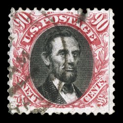 132, 90c Carmine and black re-issue, fairly well centered although reperforated at right, bright colors, lightly cancelled, small tear and one added perforation, very fine
appearance only a tiny fraction of the 1,356 sold were ever used 1992 P