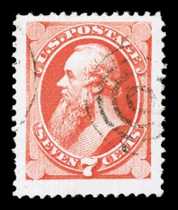 138, 7c Vermilion with grill, a stunning used example, featuring gigantic margins all around and being exceptionally well centered within these remarkable borders, brilliantly
rich color, light target cancel, extremely fine the largest margin