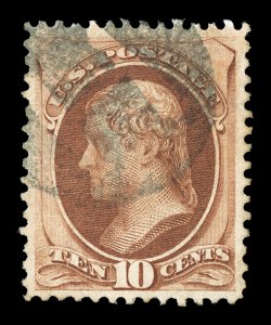 139, 10c Brown with grill, uncharacteristically well centered and margined, attractive rich color, clearly defined grill impression, fairly light cork cancel, extremely fine
1987 PF certificate ex-Saadi.