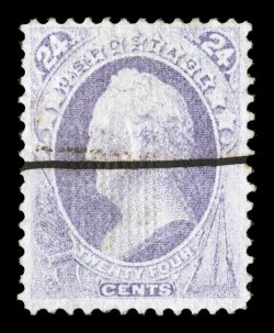 142, 24c Purple with grill, better centering than often found on this rarity, bright color, unusually strong grill impression, cancelled by a single horizontal pen stroke, fine
one of the few sound examples known 1966 and 1986 PF certifica
