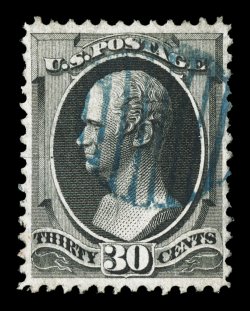 143, 30c Black with grill, unusually well centered, strong color and impression, several clear grill points, light blue grid cancel (one of the few 143s postmarked solely with a
colored cancel), a very fine and highly collectable example o