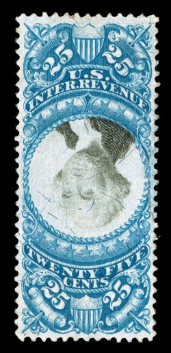 R112a, 25c Blue and black, Center Inverted, appears unused but there are a couple tiny ms. marks at top that may be a cancel, well centered, rich colors, neatly repaired at
right, very fine appearance.