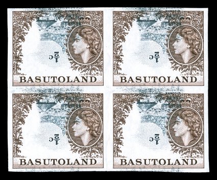 72 var., 1962 12c Dark brown and gray, imperforate, Center and Denomination Inverted, a very rare and seldom seen block of four of this error, large well balanced margins all
around, o.g., n.h., light vertical bendcrease largely between bottom