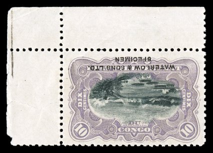 18aTC, 1895 10c Lilac and black trial color proof, Center Inverted, perforated 12 12, a lovely top left corner sheet-margin example from the Waterlow archives, both the center
and the Waterlow & Sons Ltd.Specimen overprint are inverted, exce