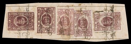 Koeppel-Manners 151a, 1898 1a Brown violet revenue, Center Inverted, two examples tied to piece along with three normal stamps (the inverts are the fourth and fifth stamps) by
ms. cancels, mostly large margins all around, distinct brown violet c