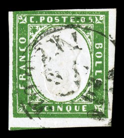 10f, 1862 5c Green, Head Inverted, used, three extra-large margins, fourth at top ample to just barely touching at top left, wonderfully bright and fresh, deep rich color and
strong embossing on bright white paper, light town c.d.s. dated 1862,