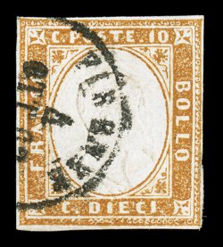 11l, 1862 10c Olive bister, Double Head, One Inverted, used, neat portion of Firenze4Ott c.d.s., rich color, four close but clear and balanced margins, just a couple of really
trivial flaws not affecting its overall very fine appearance a ve